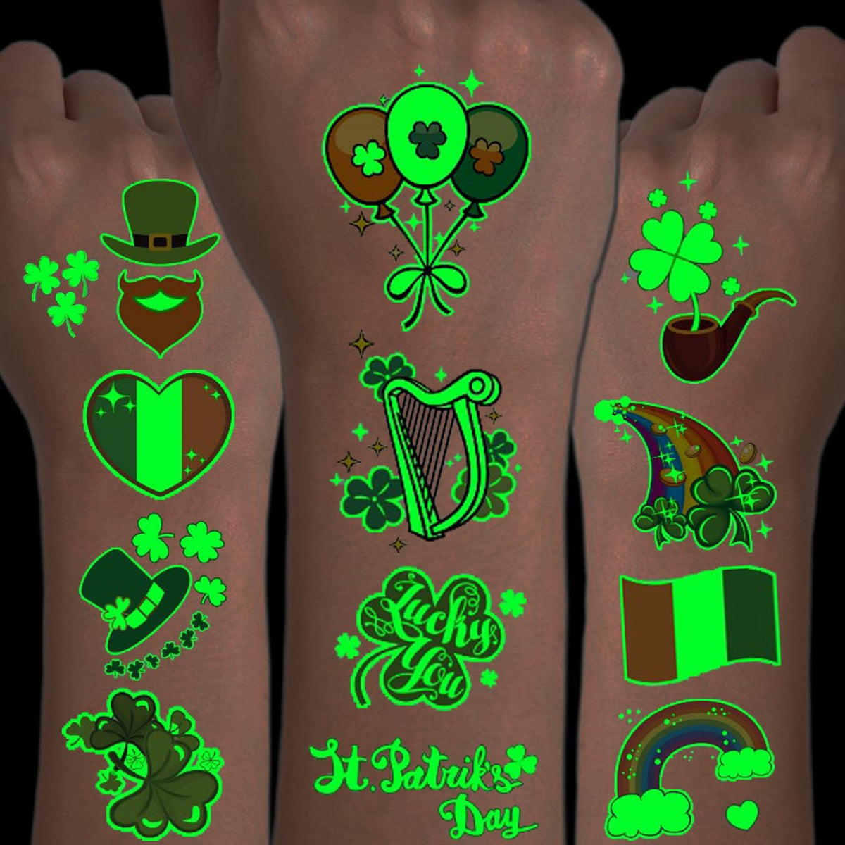 CHARLENT Glow in The Dark St Patrick's Day Temporary Tattoos for Kids - 100 Styles Luminous St. Patrick's Day Tattoos for Boys Girls Party Favors Goodie Bag Fillers