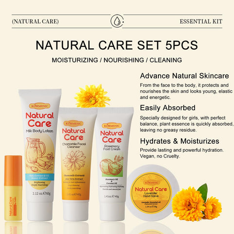 Natural Essence Skin Care Set, Korean Facial Skin Care Essential for Daily Moisturizing, Skin Care Products for Teen Girls, 5 Step Daily Routine: Lotion, Foot Cream, Cleanser, Lip Balm, Hand Salve