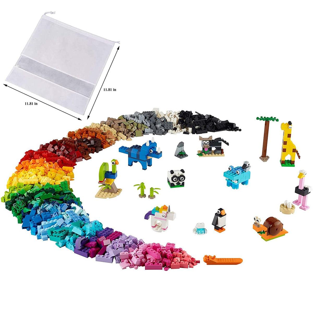 LEGO Bricks and Animals 11011 Classic Creative Toy (1,500 Pieces) - Brick-Built 10 Amazing Animal Figures for Kids Ages 4 and up - BROAGE Non Woven Fabric Drawstring Bag