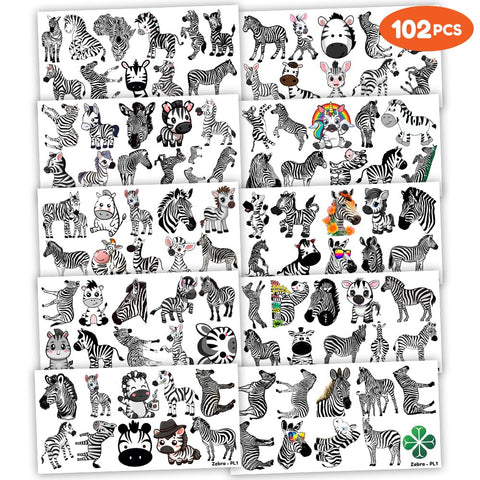 102 PCS Zebra Print Temporary Tattoos Themed Birthday Party Decorations Supplies Favors Decor Cute Jungle Safari Animal Tattoo Stickers Gifts For Game Boys Girls Classroom School Prizes Carnival