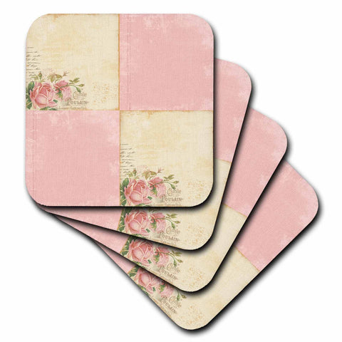 3dRose CST_99160_3 Pink Roses Vintage Collage Art-Ceramic Tile Coasters, Set of 4