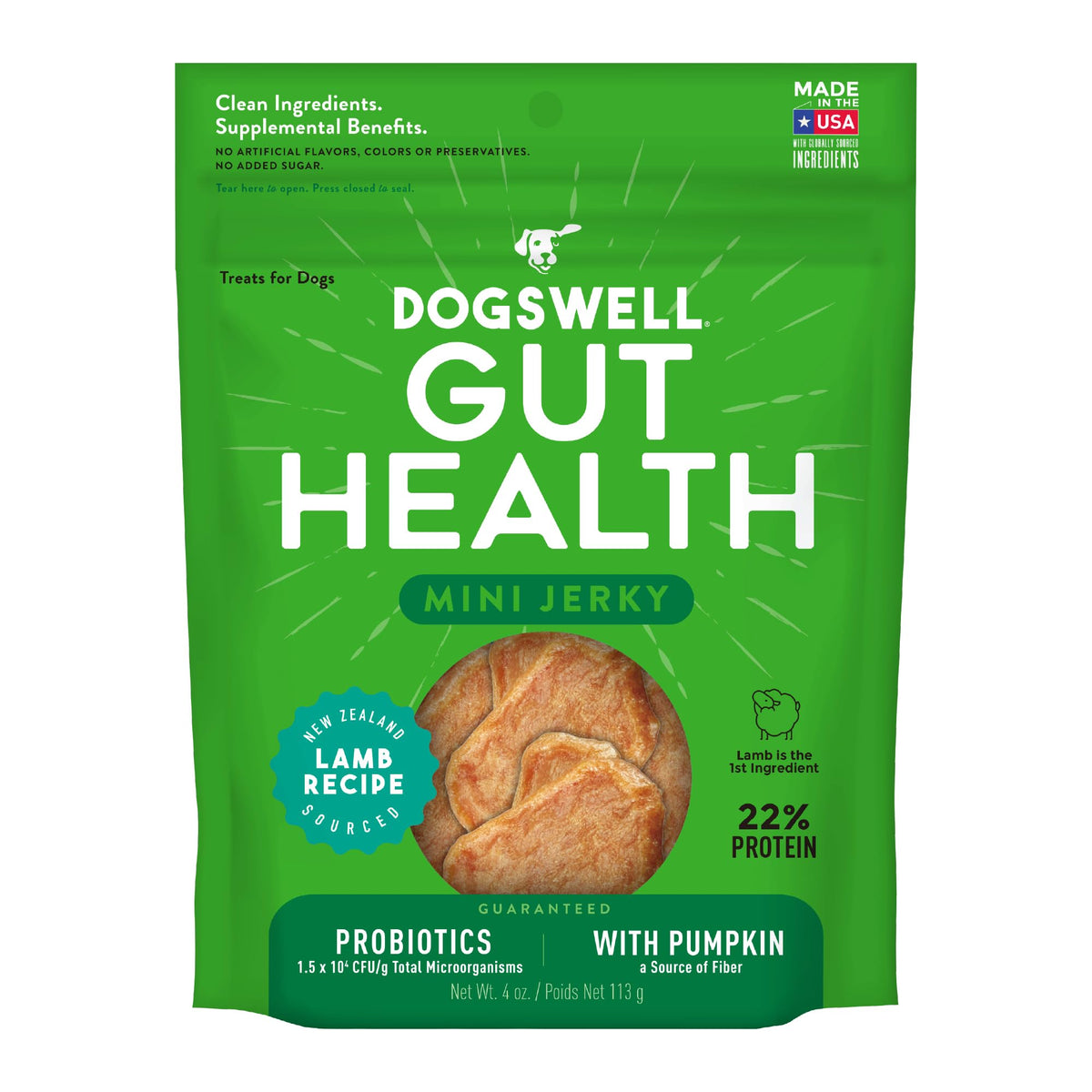 DOGSWELL Gut Health Mini Jerky Functional Dog Treats, Lamb 4 oz. Bag