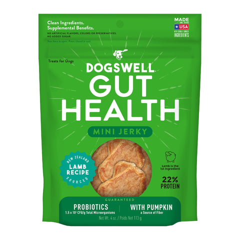 DOGSWELL Gut Health Mini Jerky Functional Dog Treats, Lamb 4 oz. Bag