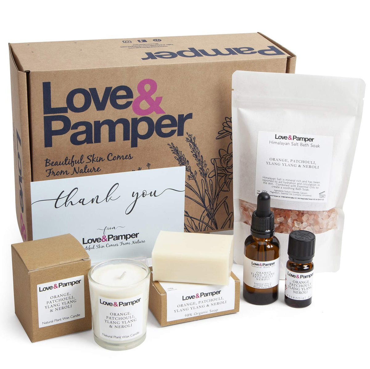 Love & Pamper CALM and RELAXING Aromatherapy Pamper Gift Set For Women, Relaxation Gift of Essential Oil, Massage Oil, Himalayan Bath Salt,Soy Wax Candle,Soap, Pamper Sets for Women Gifts