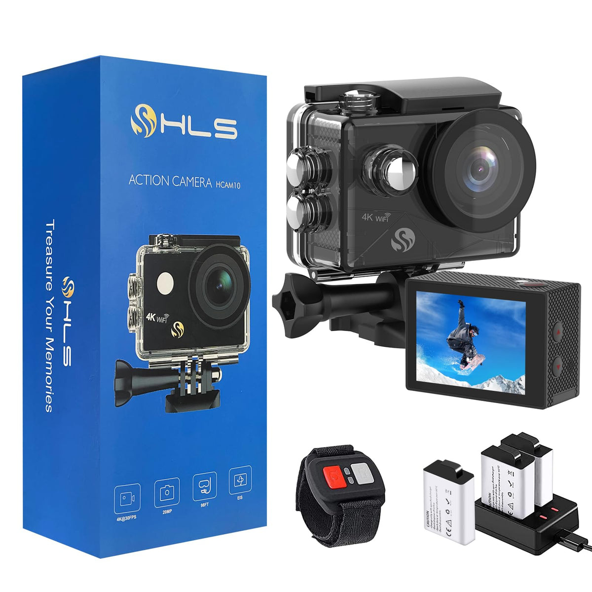 HLS Waterproof Action Camera 4K Stabilization with 3 Batteries 1350mAh for Video,4K WiFi Remote Underwater Cameras with Wide Angle Lens HD,Sports Action Video Cameras with Accessories Mount Kit