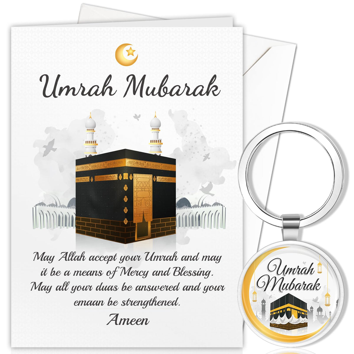 DPKOW Umrah Mubarak Gifts, Umrah Mubarak Card for Family Ramadan Eid Gifts, Kaaba Card Keyring Umrah Mubarak Greeting Card with Envelope, Umrah Dua Card Muslim Hajj Gifts