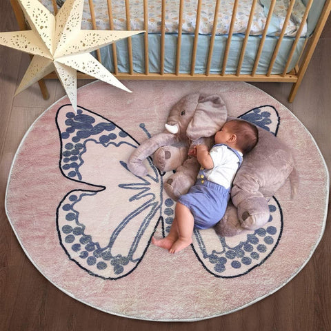 Poowe Cute Lion ABC Kids Play Mat Baby Nursery Rug Round Educational Alphabet Soft Area Rug Non Slip for Children Toddlers Bedroom (Round 39.4", Butterfly)