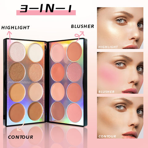 HOSAILY 16 Colors Blush Contour Highlighter Makeup Palette, All-in-One Shimmer Silky Matte Mineral Blush Powder Palette, Face Sculpting Bronzer Blusher Illuminator Palette for a Natural Glowing