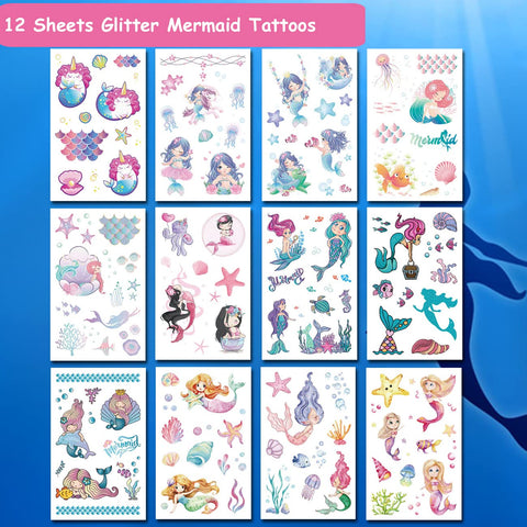 CHARLENT 24 Sheets Glitter Butterfly & Mermaid Tattoos for Girls - 240 Pcs Glitter Butterfly Mermaid Temporary Tattoos for Girls Birthday Party Favors Goodie Bag Fillers