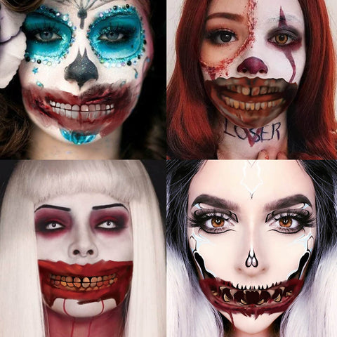 GLARYYEARS Halloween Mouth Temporary Tattoo, 10-Pack Large Scary Clown Fake Tattoo Stickers, Cosplay Makeup Realistic Tattoos for Adults Men Women Kids, Prank Props on Face Tattoos Decals Party