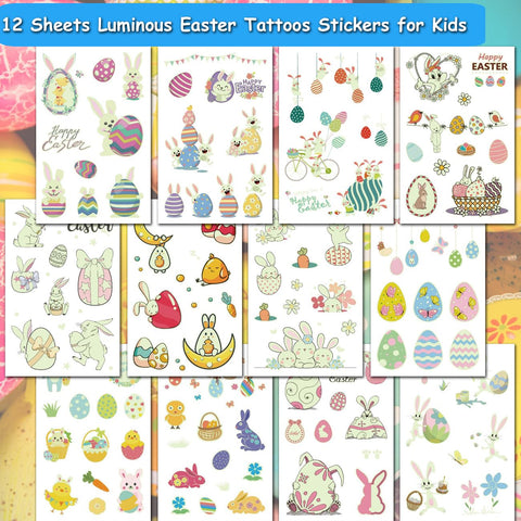 CHARLENT Glow in The Dark Easter Temporary Tattoos for Kids - 100 Styles Luminous Easter Egg Bunny Tattoos for Boys Girls Party Favors Goodie Bag Fillers