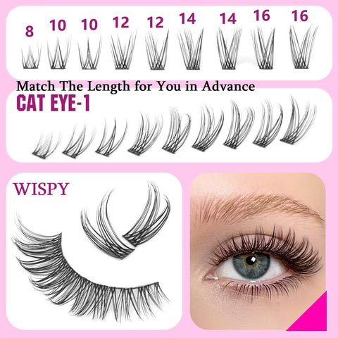 Cat Eye Lash Clusters Natural Wispy Cluster Eyelash Extensions C Curl Lash Extension 4 Styles Individual Eyelashes Left & Right DIY False Eyelashes by Geeneiya (192Pcs, 12Pairs, Thin Band)