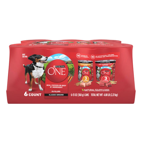 Purina ONE Classic Ground Chicken and Brown Rice, and Beef and Brown Rice Entrees Wet Dog Food Variety Pack - (Pack of 6) 13 oz. Cans