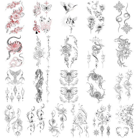 21 Sheets Black Tiny Temporary Tattoo, Hands Face Tattoo Sticker for Men Women, Mermaid Snake Flower Floral Designs Body Art on Arm Neck Shoulder Clavicle Waterproof