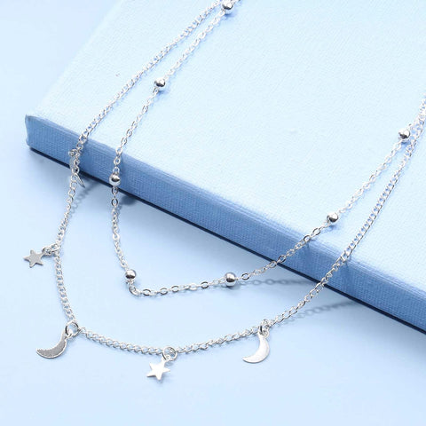 Yheakne Boho Star Moon Necklace Choker Silver Layered Star Choker Necklace Crescent Moon Necklace Celestial Necklace Chain Festival Jewelry for Women and Girls (Silver)