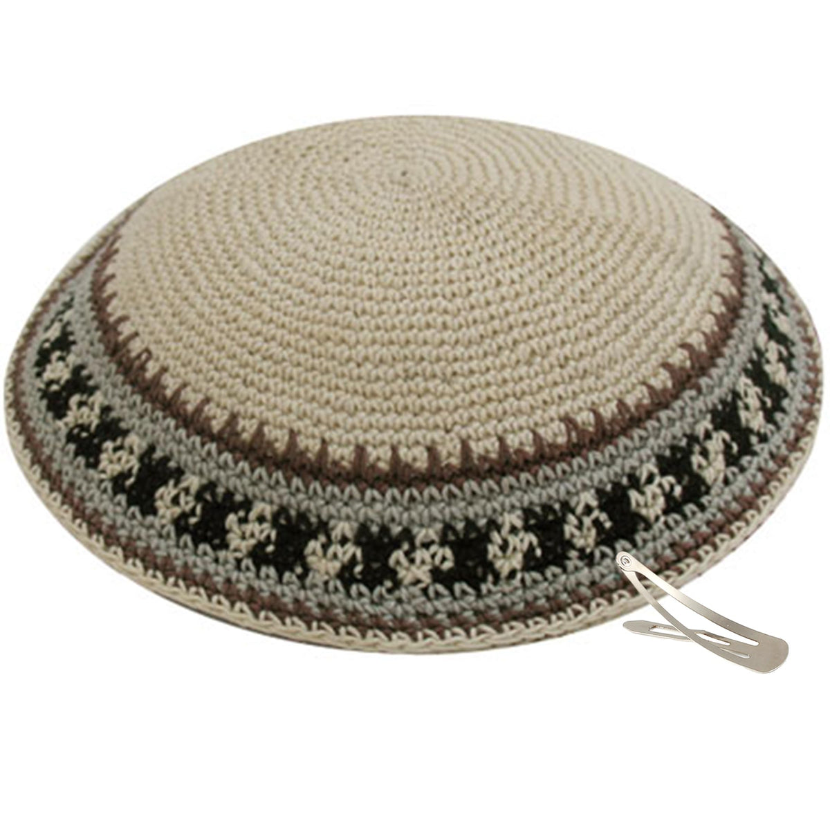 Zion Judaica Quality Hand Knit Kippah Srugah Beige Elegance Geometric Pattern Yarmulke Simple Design Yamaka Hand Made Fine Knitted Yarmulkes