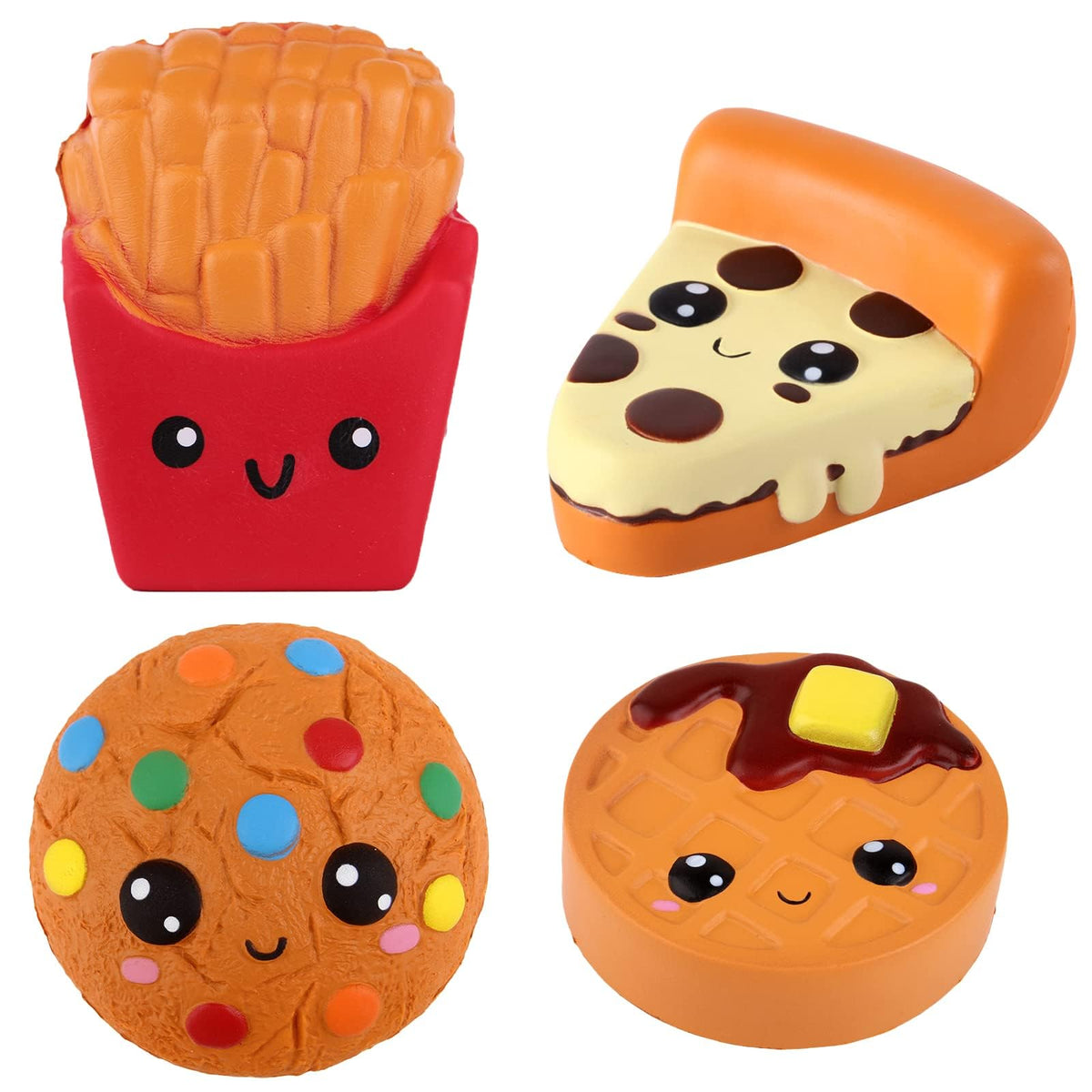 Anboor Squishies Pizza,Cookies,Chocolate Cake and French Fries Kawaii Scented Soft Slow Rising Simulation Simulation Food Squishies Stress Relief Kids Toy Collection Decorative Props,4 Pcs