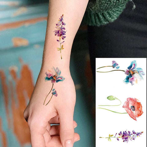 COKTAK 12Pieces/Lot 3D Watercolor Lavender Flower Temporary Tattoos For Women Body Art Arm Fake Flora Adults TattooSticker Waterproof Girls Tatoos