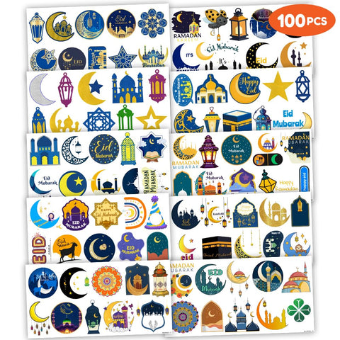 Eid Mubarak Temporary Tattoos 10 Sheets 100 PCS Ramadan Kareem Party Decorations Favors Supplies Themed Birthday Stickers Christmas Gifts for Boys Girls Class School Prizes Carnival Christmas