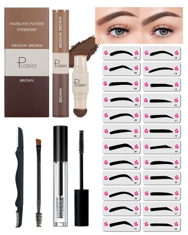 Eyebrow Stamp Stencil Kit-2 Colors One Step Brow Makeup Set with 1 Clear Eyebrow Setting Gel, 24 Brow Stencils, 1 Brush & 1 Razor, Long Lasting Waterproof Brow Makeup for women (Medium Brown & Brown)