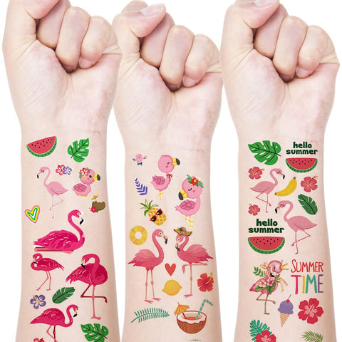 Flamingo Temporary Tattoo Hawaiian Fake Tattoos Summer Tattoo Supplies Tropical Design Luau Party Tattoo Stickers Decals Beach Pool Waterproof Face Body Festival Tattoo Decorations for Adult Kids10PCS