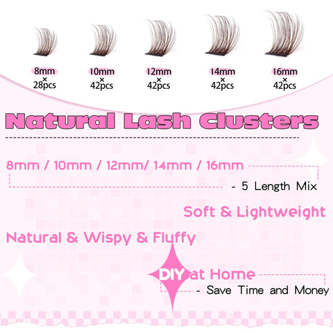 Brown Lash Clusters Wispy Natural Eyelash Clusters Eyelash Extensions 196pcs D Curl DIY Individual Lashes Extensions