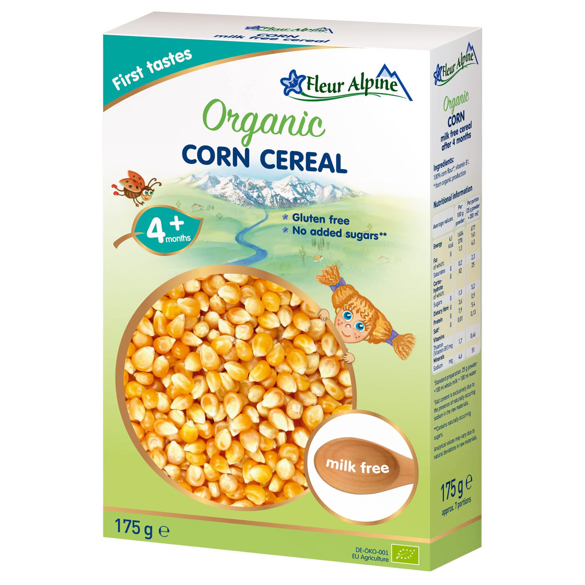 FLEUR ALPINE Organic Corn Baby Cereal Dairy Free - Baby Porridge for Deliciously Smooth Breakfast Meals | Nutritious and Easy To Make Gluten Free Cereal 4+ Months with No Added Sugars | 7 Servings