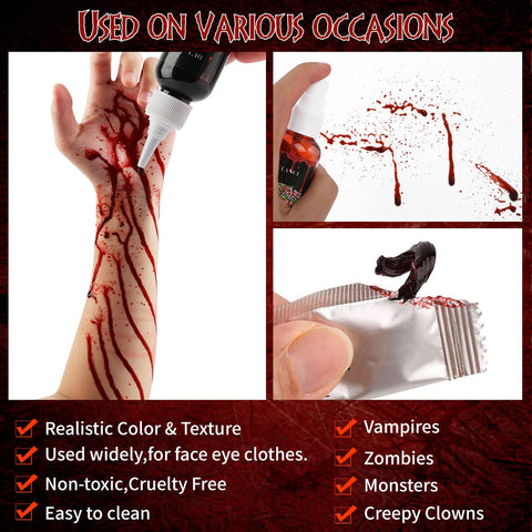 Halloween Fake Blood Makeup kit, Fake Blood Spray 1.76oz, Dripping Blood 1.76oz, 3 Fake Coagulated Blood 0.17oz, Realistic Washable Special Effects SFX Makeup Set for Clothes,Face Body,Vampire,Zombie