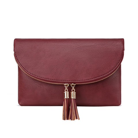 Solene Womens Envelop Clutch Purse Multi Compartments, 6 Card Slot Inside, Crossbody Bag With Tassels, Burgundy, OneSize