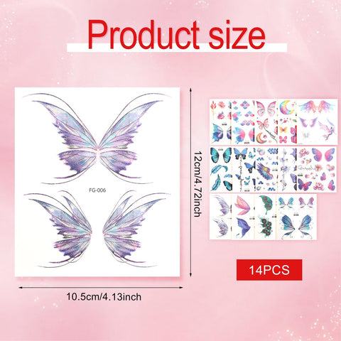 14 Sheets Temporary Tattoo, Glitter Butterfly Tattoos Waterproof Butterfly Face Tattoo Sticker Makeup Tattoos for Women Girls Festival Party Eye Face Makeup