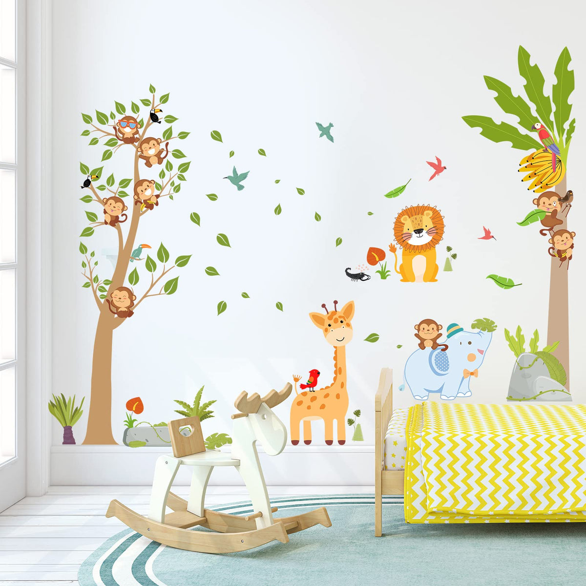 AnFigure Jungle Animal Wall Stickers Giraffe Elephant Lion Wall Decals Forest Monkey Tree Wall Stickers for Kids Girls Boy Baby Room Nursery Playroom Daycare Bedroom Kindergarten Wall Decor