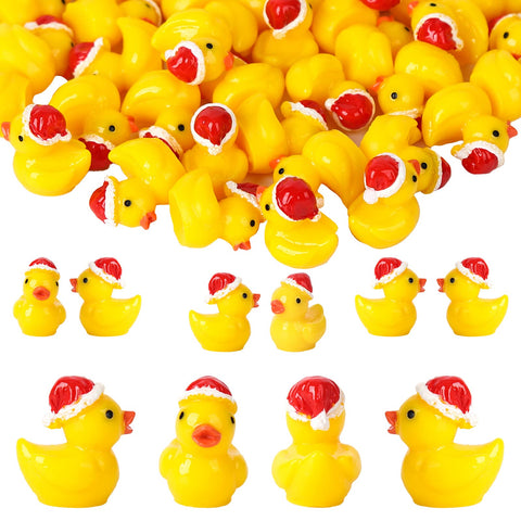 Gukasxi 50 pcs Mini Ducks Miniature, Tiny Resin Ducks wtih Christmas Hat, Figures Ornament for Micro Landscape Garden, for Dollhouse Miniature Statue Landscape Craft