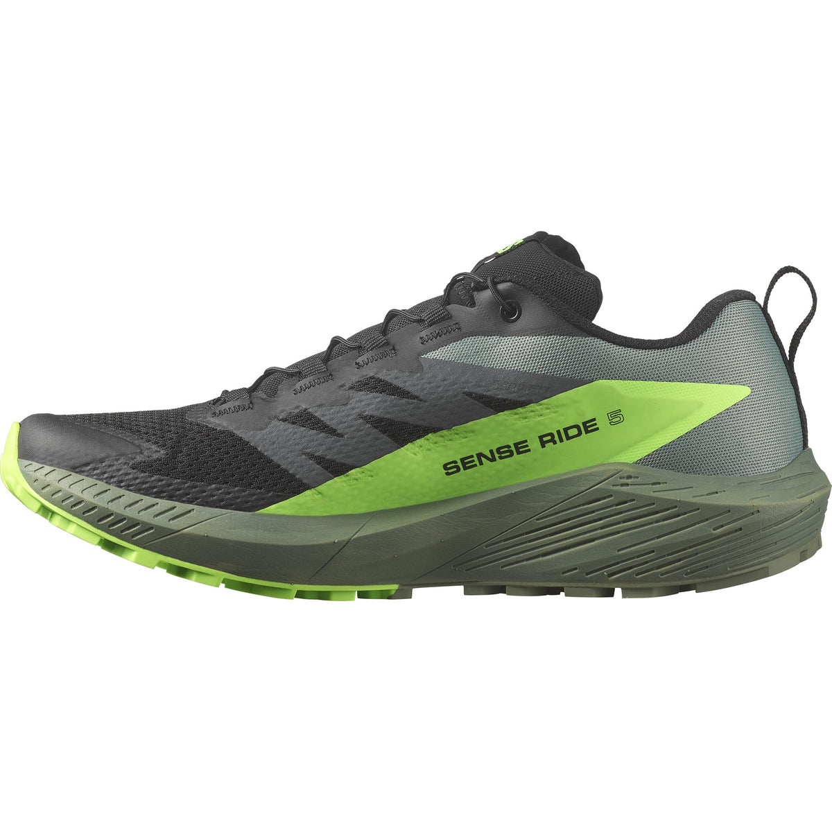 Salomon Men's SENSE RIDE 5 Trail Running Shoes for Men, Black / Laurel Wreath / Green Gecko, 8.5