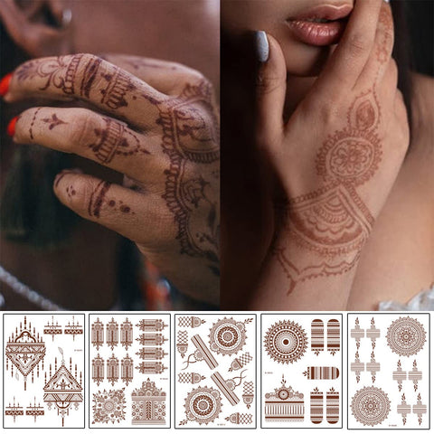 Brown Henna Temporary Tattoo Semi Permanent Fake Tattoos Mandala Flowers Lace Tattoo Stickers Waterproof Tattoo Markers Wedding Party Festival Tattoos Decorations Face Body Tattoo Supplies Set 6PCS