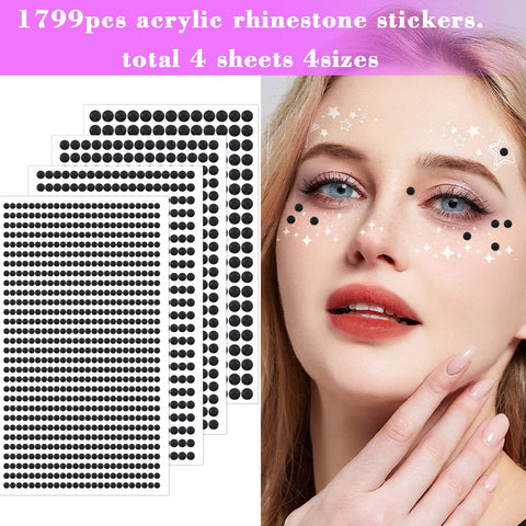 1792 Pcs Self Adhesive Face Rhinestones Hair Gems Stick On Rhinestones for Makeup Face Jewels Glitter Tattoos Eye Gems for DIY Craft Decorate Face Body Nail Home Decoration 4 Size 3/4/5/6 mm