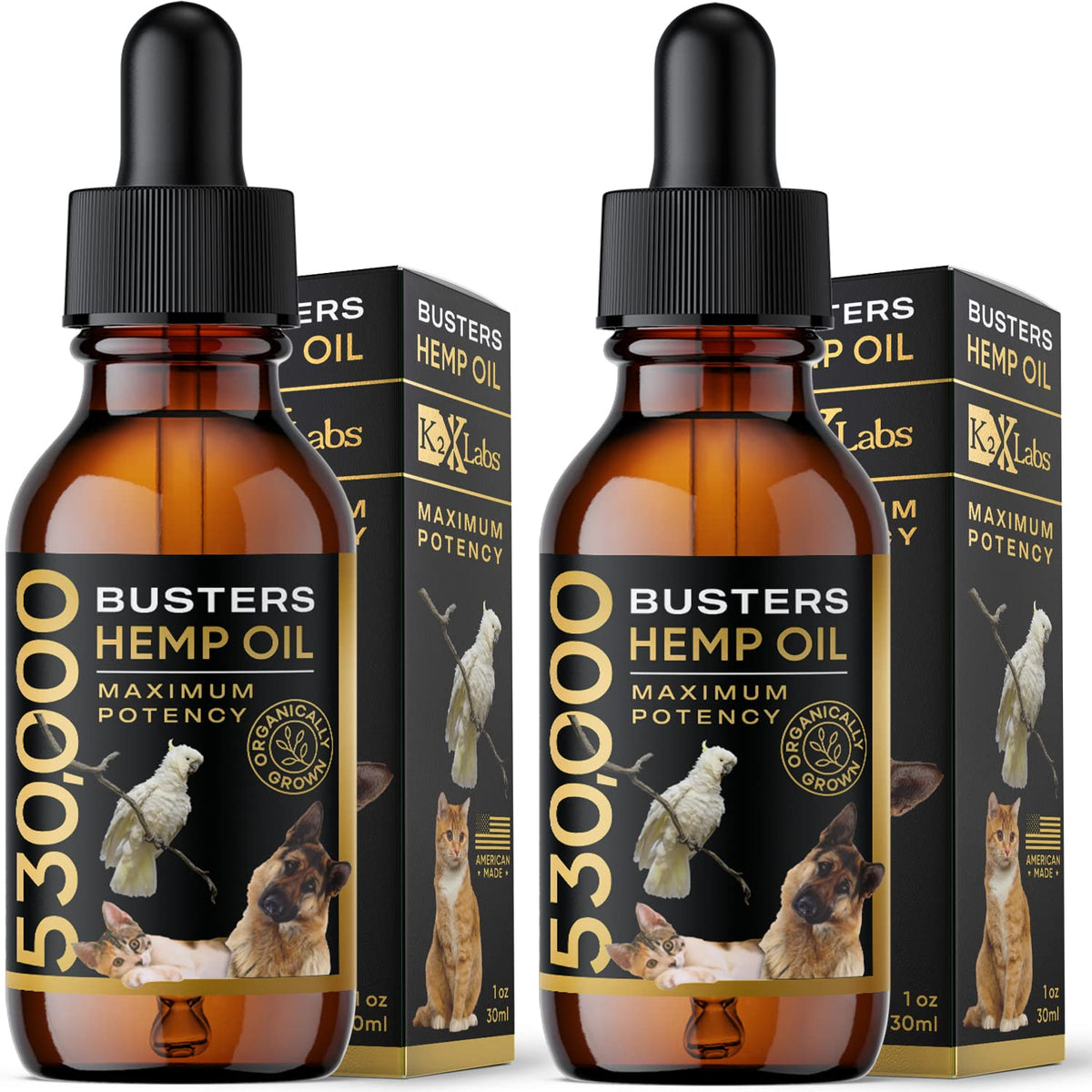 K2xLabs Buster's Organic Hemp Oil 530,000 2-Pack 2-Month Supply for Dogs & Cats - Max Potency - Made in USA - Omega Rich 3, 6 & 9 - Hip & Joint Health, Natural Relief for Pain, Separation Anxiety