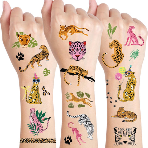 Cheetah Tattoos, Konsait 10 Sheets Cheetah Theme Tattoos Cheetah Party Favors, Pink and Yellow Cheetah Decor Cheetah Stickers for Cheetah Party Decorations Cheetah Birthday Decorations