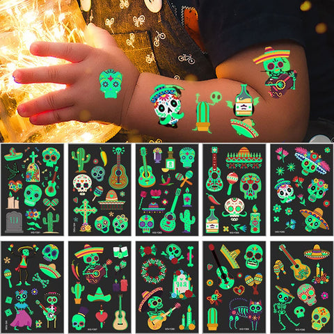 Day of the Dead Luminous Halloween Temporary Tattoo for Kids Adults, 125PCS Waterproof Fake Face Tattoos, Body Stickers Decorations Glow in the Dark, Makeup Party Favors Supplies Decor Boys Girls