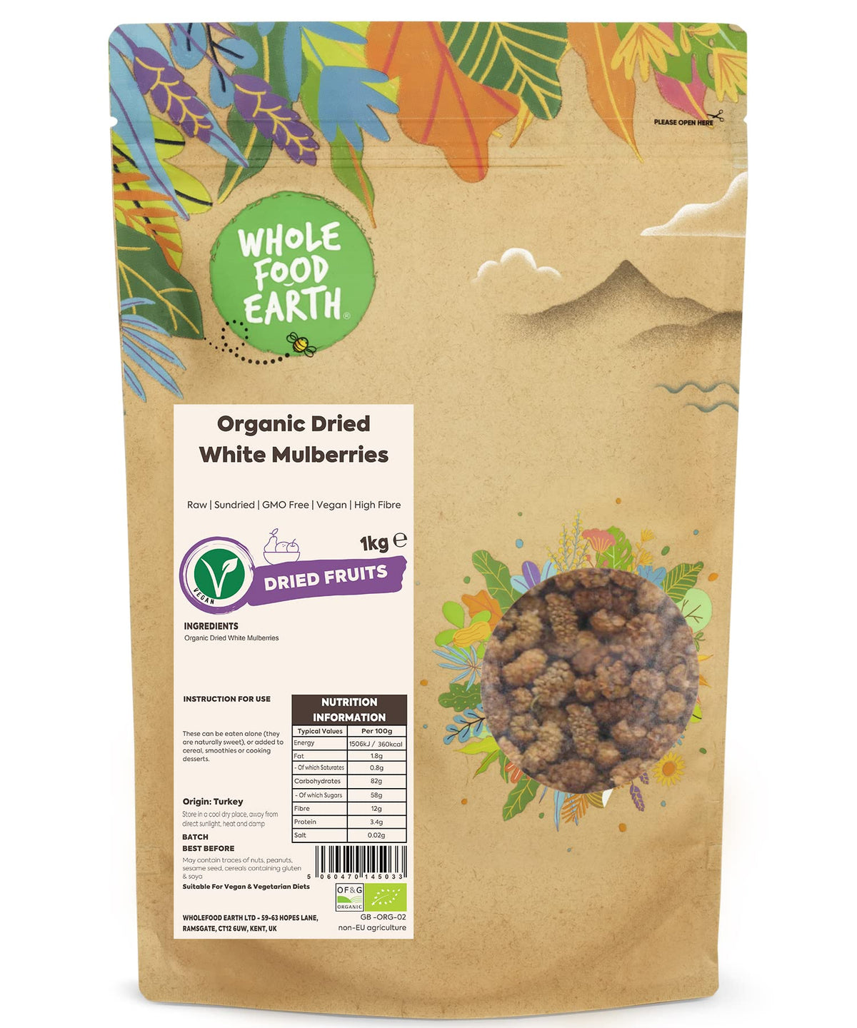 Wholefood Earth Organic Dried White Mulberries - 1 kg | Raw | Sundried | GMO Free | Vegan | High Fibre | Certified Organic