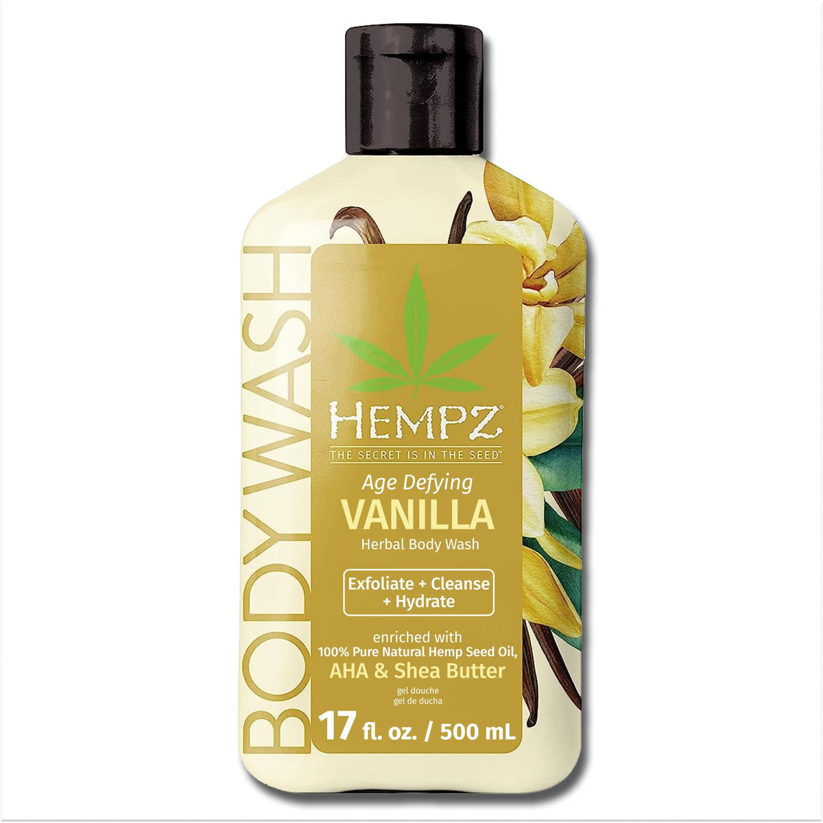 Hempz Body Wash Age Defying - Vanilla & Musk - Hydrating for Sensitive Skin, Scented, Exfoliating with Shea Butter, Pure Hemp Seed Oil, and Algae for Sensitive Skin - 17 fl oz