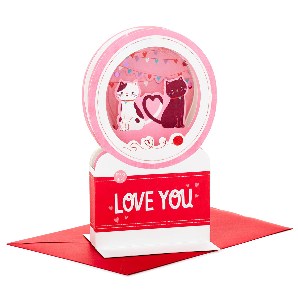 Hallmark Valentines Card, Musical Valentines Card, 3D & Pop Up, Cute Cats Snow Globe Design with Motion 'Snow', Pink, White, Red