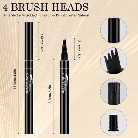 4-Head Split Waterproof Long-lasting Eyebrow Pencil, 3D Waterproof Microblading Eyebrow Pen,4-Tipped Tip Precise Brow Pencils, Microblading Eyebrow Pen Tattoo Pencil for Natural Makeup (2PCS Black)