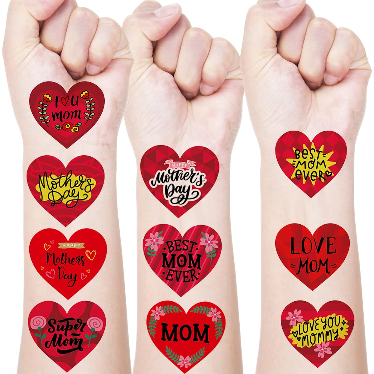 Red Heart Temporary Tattoos Best Mom Ever Tattoo Stickers Love Mom Fake Tattoo with Flowers Letters Design for Happy Mother's Day Party Favors, Neck Arm Chest Temp Tattoo for Women Girls Men