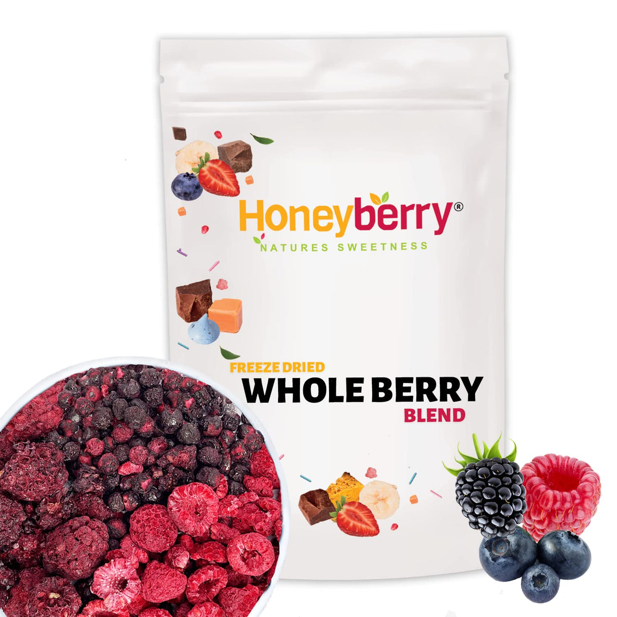 Freeze Dried Fruit Mix - Whole Berry Blend 100g - Whole Blackberry, Whole Blueberry, Whole & Broken Raspberry