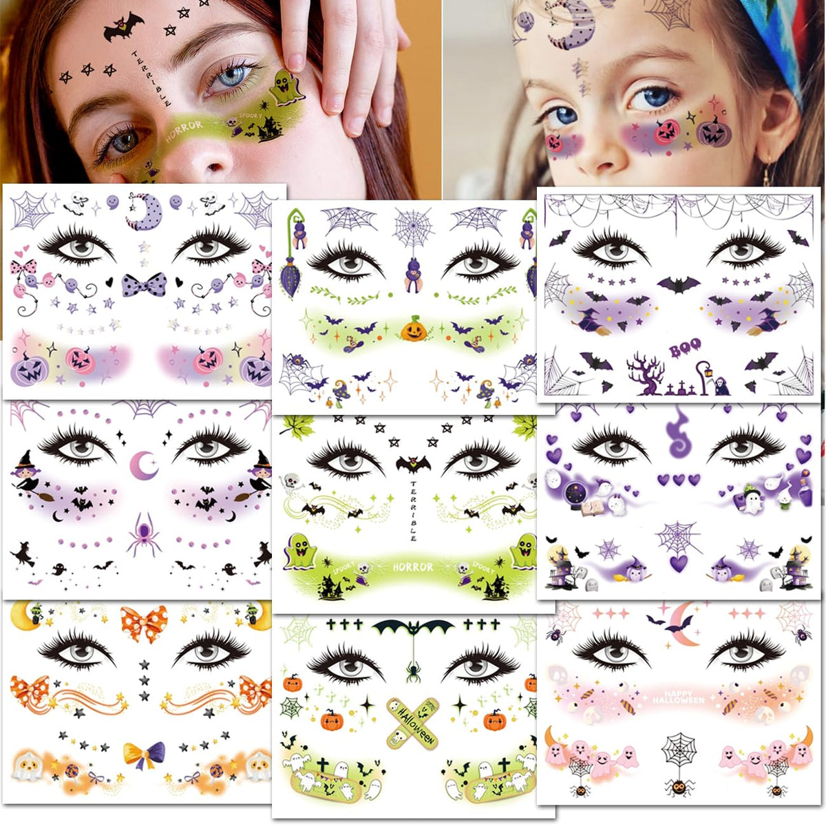 CHARLENT Halloween Face Temporary Tattoos for Kids Women - Halloween Pumpkin Face Tattoos for Women Boys Girls Halloween Makeup Party Favors Treats Goodie Bag Fillers