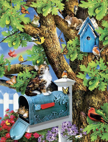 SUNSOUT INC - Kitty and Birdhouse - 1000 pc Jigsaw Puzzle by Artist: Lori Schory - Finished Size 20" x 27" - MPN# 35240