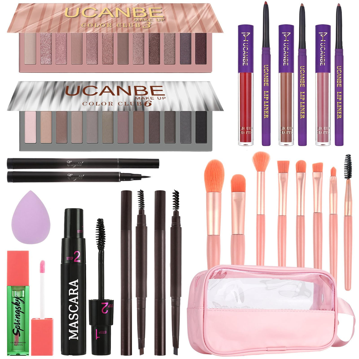 UCANBE All in One Makeup Full Kit for Women, Naked Nude Eyeshadow Palette, Matte Liquid Lipstick, Lipliner, Eyeliner, Mascara, Eyebrow Pencil, Makeup Brush & Sponge, Make Up Gift Set