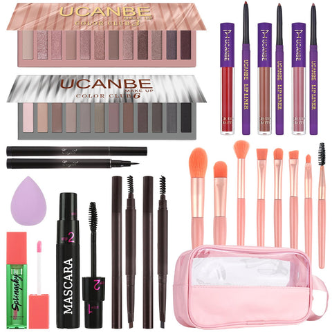 UCANBE All in One Makeup Full Kit for Women, Naked Nude Eyeshadow Palette, Matte Liquid Lipstick, Lipliner, Eyeliner, Mascara, Eyebrow Pencil, Makeup Brush & Sponge, Make Up Gift Set