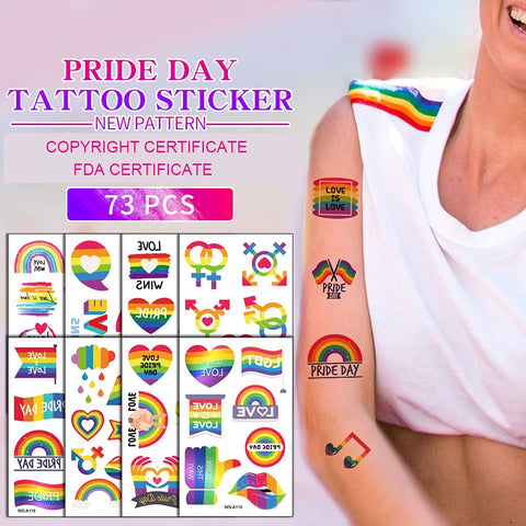 Temporary Tattoo, 73pcs Fake Tattoos Designs for Adult, Waterproof Body Stickers, Rainbow Tattoo Decorations, Heart Love Stripes LGBTQ Art Favor Supplies for Boys Girls Women Men 10 Sheets Pride Day