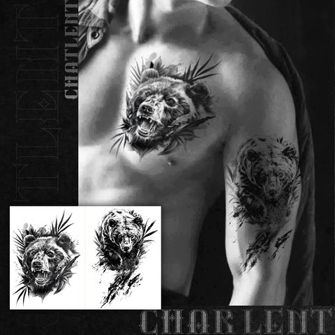 CHARLNET 18 Pcs Realistic Tiger Bear Lion Wolf Temporary Tattoos for Men Adults - Black Fake Animals Tattoo Stickers for Men Women Adult Body Art Arm Chest Shoulder